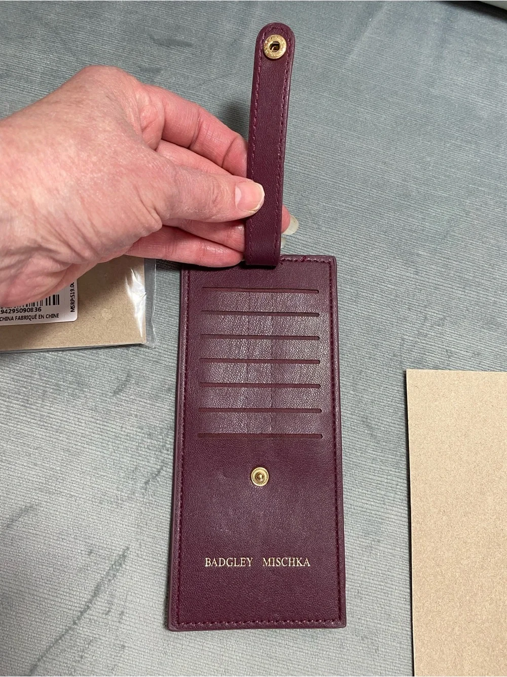 Badgley Mischka Plum Leather Card & Key Slot Holder with Gold Hardware